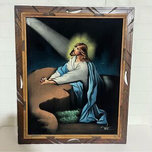 Framed Jesus Wall Art with Blue and Brown Accents made in Mexico
